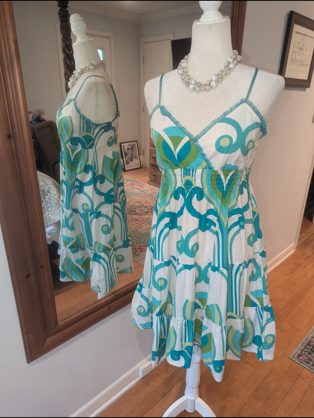 💯 Indian Cotton Green & White Printed Sundress With Slip